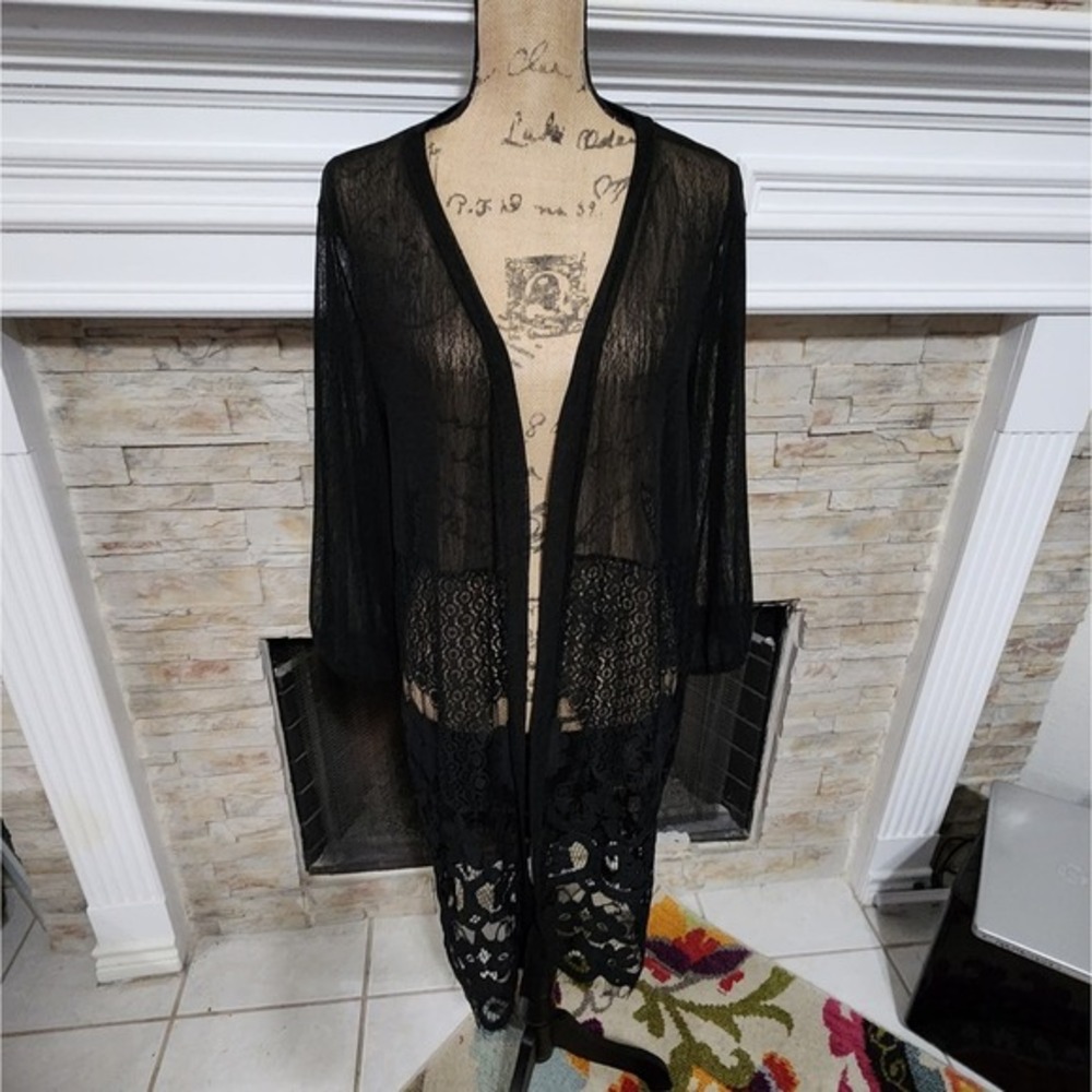 Siren Lily black embroidered floral long kimono swim suit cover up plus size 2X